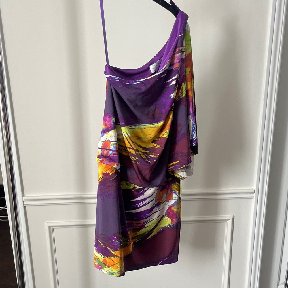 Jessica Simpson Purple and Yellow Asymmetrical Dress one shoulder